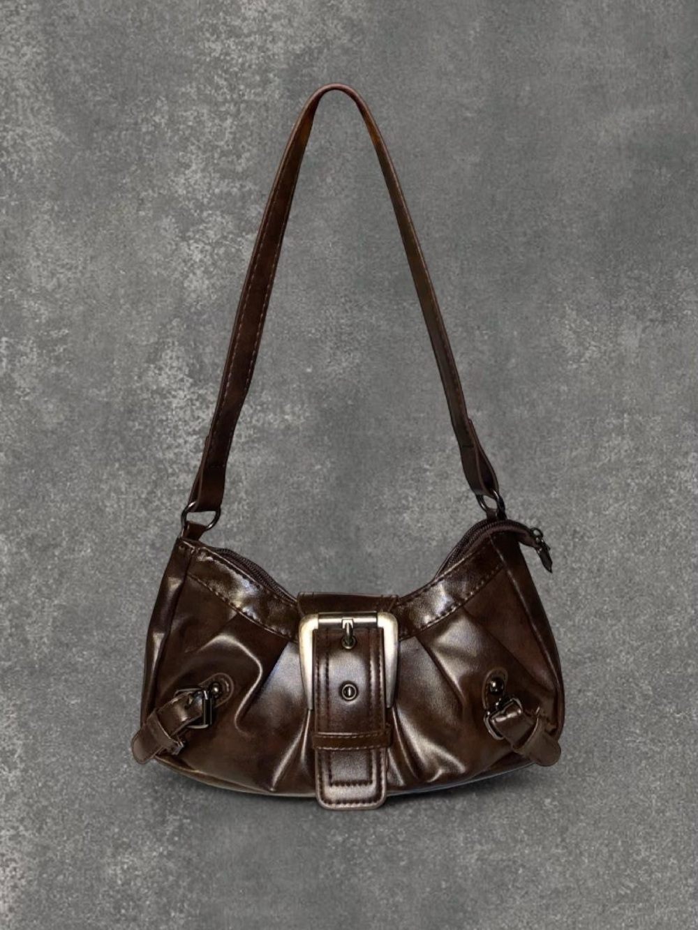 Vintage Y2K Dark Brown Leather Shoulder Bag with Buckle Detail